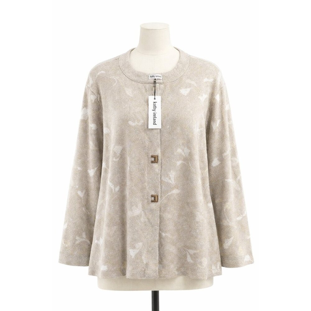 Kathy‎ Ireland Metallic Knit Cardigan Sweater Beige Button Front Women 3X